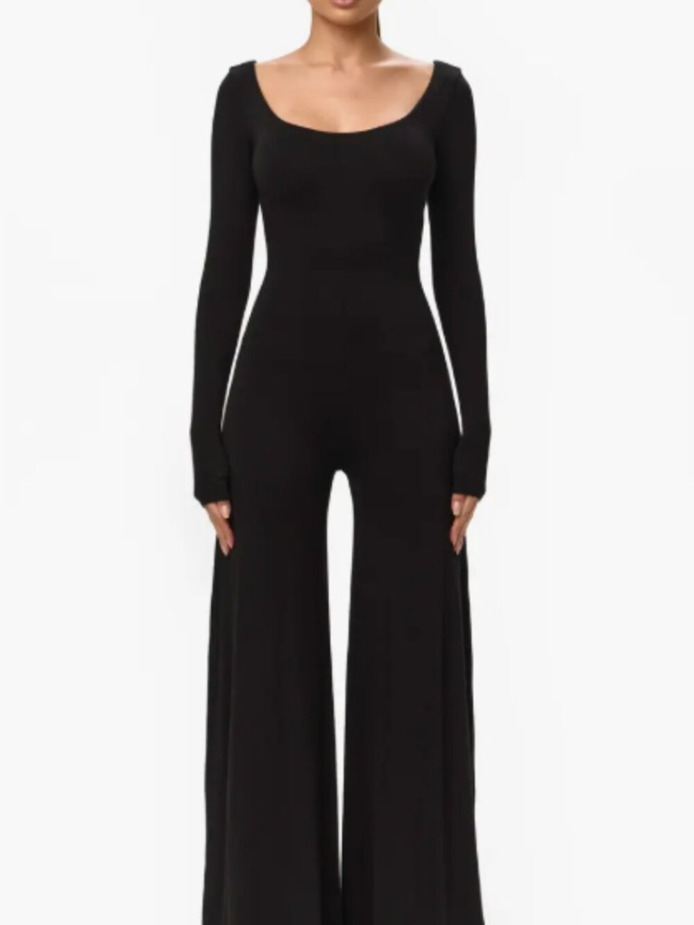 Naked Wardrobe Smooth Scoop Neck Long Sleeve Jumpsuit – Black – Small – Bodycon